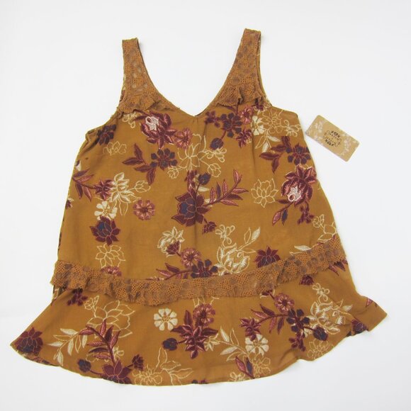 Mason & Belle Boho Tunic Top Medium Sleeveless Lace Ruffle Tan Floral NEW - Picture 2 of 13